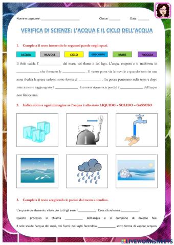 Verifica di scienze: gli stati e il ciclo dell'acqua