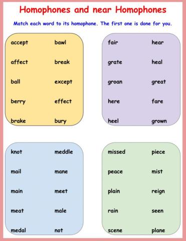 Homophones Matching Activity 1