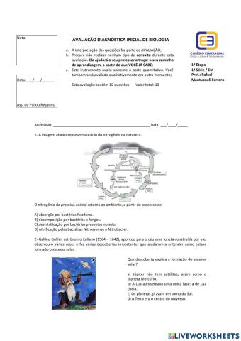 AVALIAÇÃO DIAGNÓSTICA INICIAL DE BIOLOGIA - 1ª série EM