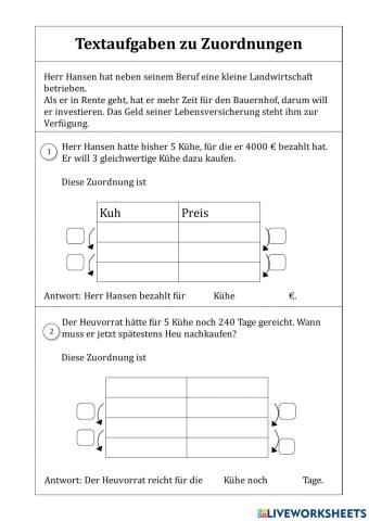 Textaufgaben zu Zuordnungen