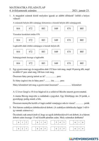 Matematika felvételi 4. évfolyamosoknak 2021-1