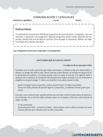 Evaluacion Lenguaje 5to grado