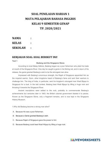 Penilaian harian 1 kelas 9