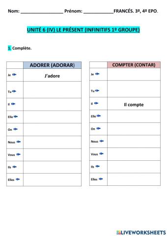 UNITÉ 6 (IV)  LE PRÉSENT INFINITIFS 1ºgroupe