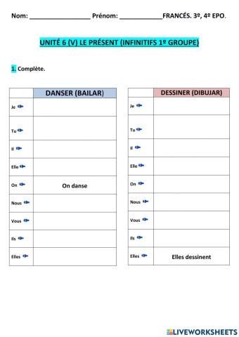 UNITÉ 6 (V)  LE PRÉSENT INFINITIFS 1ºgroupe