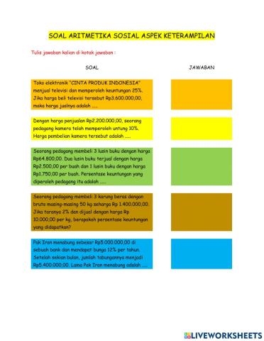 Soal Aritmetika Sosial Aspek Keterampilan