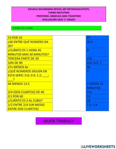 Evaluación SISAT 2° de Secundaria Calculo Mental