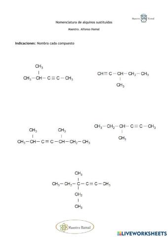 Ejercicios de nomenclatura de alquinos sustituidos 1