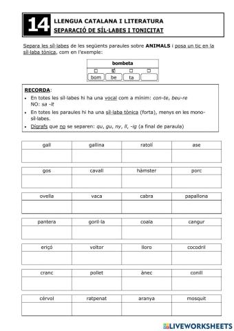 Separació síl·labes i tonificació - Fitxa 14