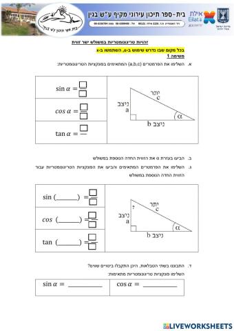 זהויות טריגונומטריות במשולש ישר זווית