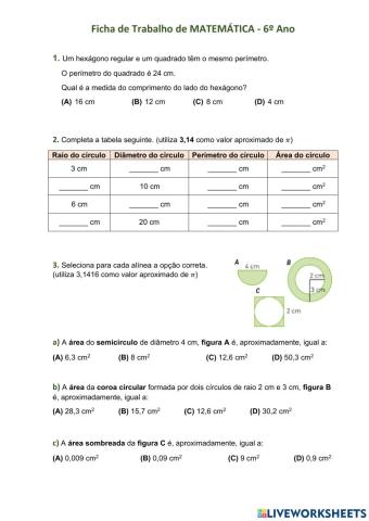 Ficha - Áreas e Perímetros