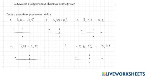 Dodawanie i odejmowanie ułamków dziesiętnych sposobem pisemnym