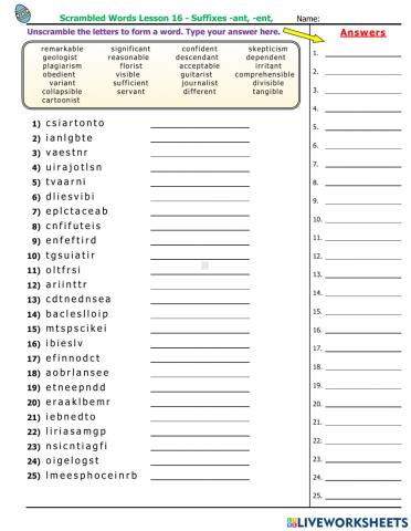 Lesson 16 - Suffixes -ant, -ent,