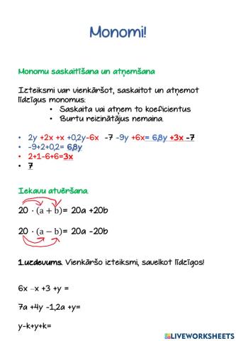 Monomi. Līdzīgo loceklu savilkšana