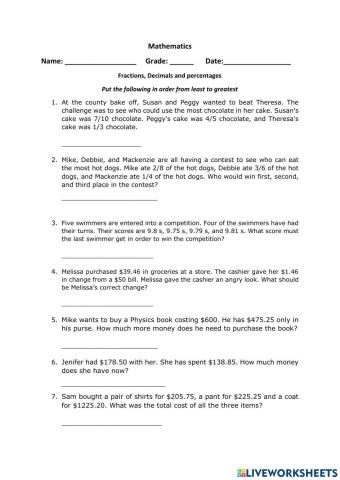 Fraction, decimal and percentage word problems