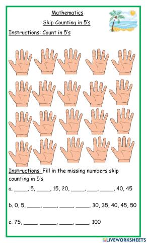 Skip counting in 5's hand tuesday homework worksheet