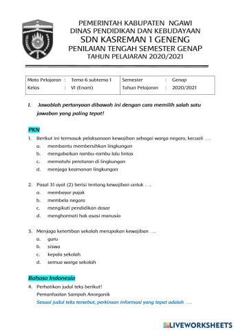 PTS Tema 6 Kelas VI subtema 1