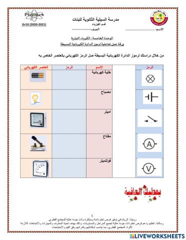 ورقة عمل تفاعلية لرموز الدائرة الكهربائية البسيطة