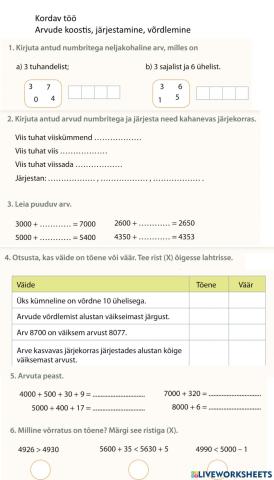 Kordav töö. Arvude koostis, järjestamine, võrdlemine