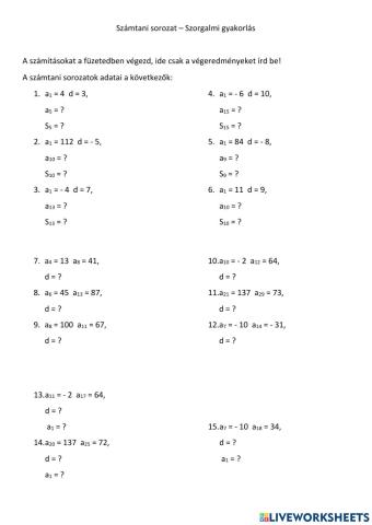 Számtani sorozat - szorgalmi feladatok
