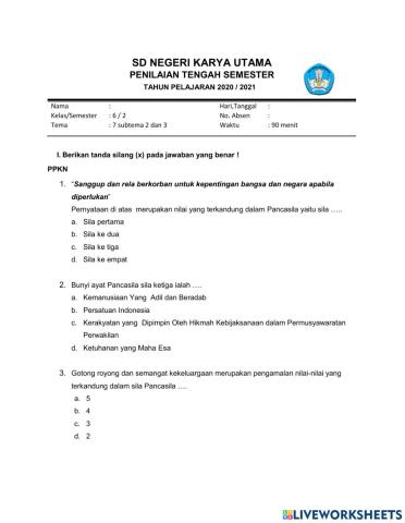 Soal PTS Smester 2 kelas 6 Tema 7 Subtema 2 dan 3SDN KARYA UTAMA