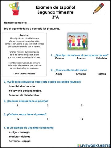 Examen Español II trimestre tercer grado