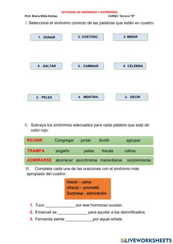 Actividad de sinónimos y antónimos