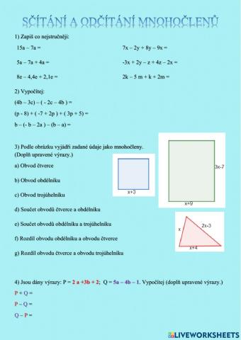 Sčítání a odčítání mnohočlenů