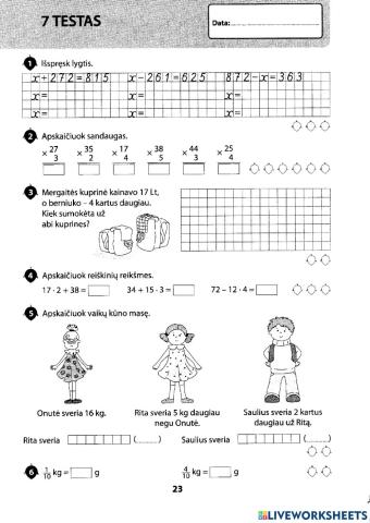 Matematikos testas 3 kl. Nr.7, 1 dalis