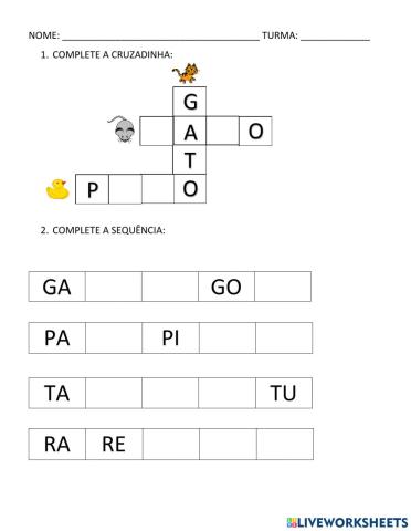 Cruzadinha e sílabas de g, t, r, p