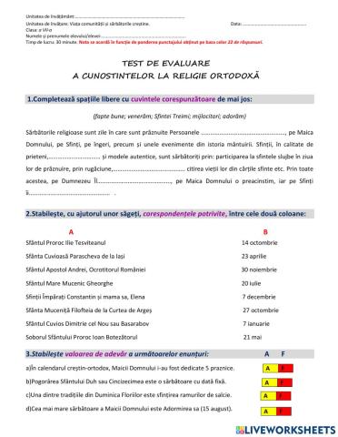 EAVALUARE clasa a VII-a, VIAȚA COMUNITĂȚII ȘI SĂRBĂTORILE CREȘTINE