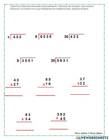 Práctica de divisiones y multiplicaciones