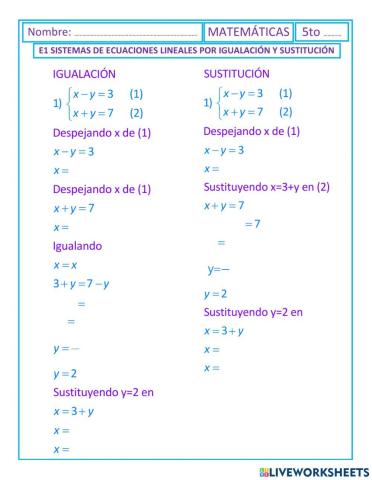 Sistemas lineales por igualación y sustitución