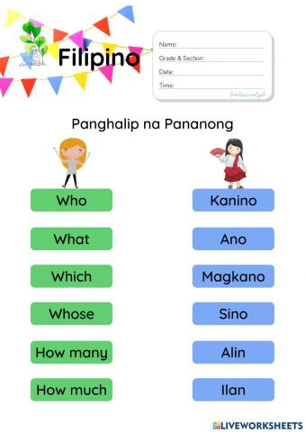 Panghalip na Pananong (HuntersWoodsPH Filipino Worksheet)