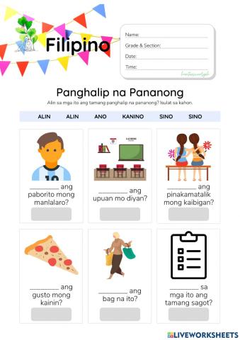 Panghalip na Pananong (HuntersWoodsPH Filipino Worksheet)