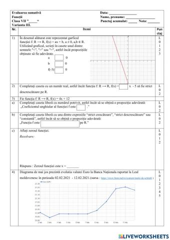 Evaluare sumativă. Funcția de gradul I. Varianta III