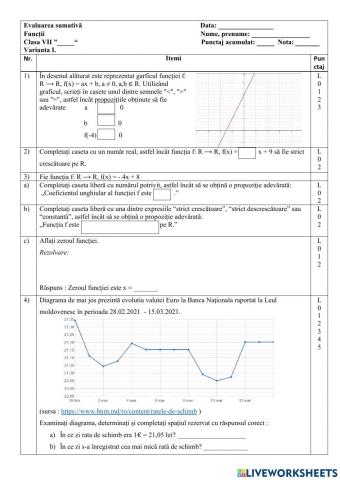 Evaluare sumativă. Funcția de gradul I. Varianta I