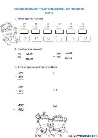 Odčítanie trojciferných čísel