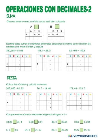 Suma y resta de decimales