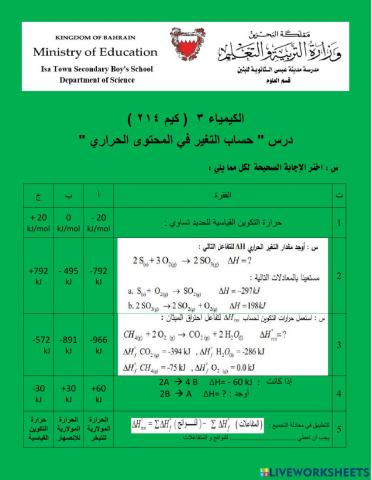 نشاط حساب التغير في المحتوى الحراري