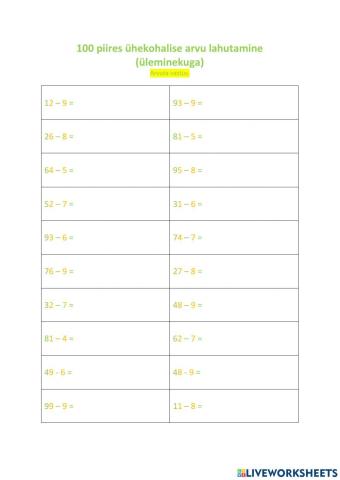 100 piires ühekohalise arvu lahutamine
