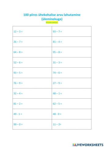 100 piires ühekohalise arvu lahutamine