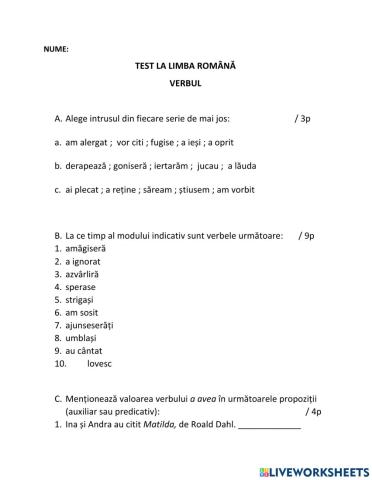 Test la gramatică - verbul (cl.a V-a)