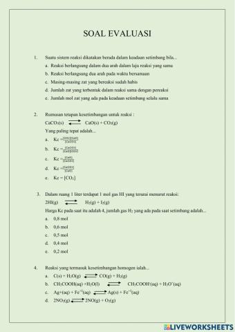 Soal Evaluasi Kesetimbangan Kimia