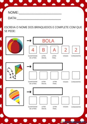 Letra inicial, final e quantidade de letras.