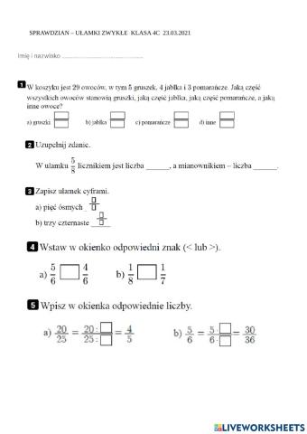 Ułamki zwykłe sprawdzian