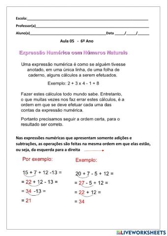 Expressão numérica com números naturais