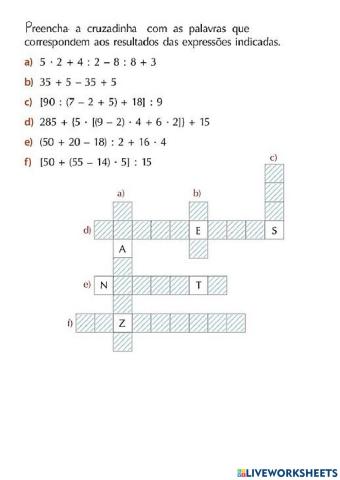 Cruzadinha expressões numéricas