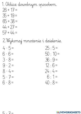 Mnożenie, dzielenie i dodawanie