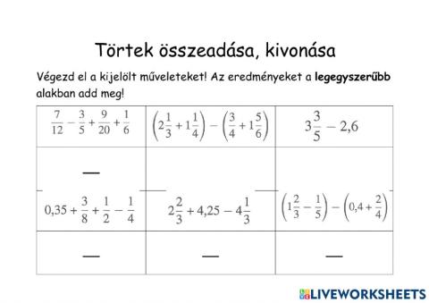 Törtek összeadása, kivonása